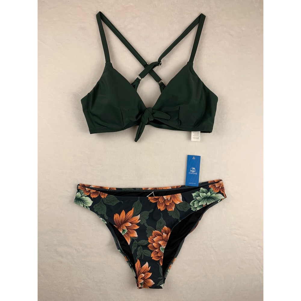 NWT Cupshe Green Floral Bikini Set Front Knot Criss Cross Back Size Large